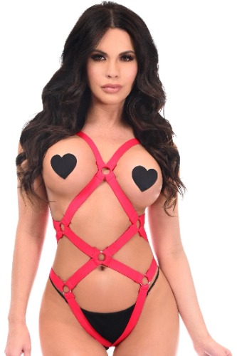 BOXED Red Stretchy Body Harness Bodysuit w/Silver Hardware - Queen / pink