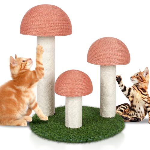 PowerKing Cat Scratching Post, Mushroom Claw Scratching Post for Cat, Natural Sisal Cat Scratchers with 3 Mushroom Pole, Cat Interactive Toys - 3 Mushroom Caps-Pink