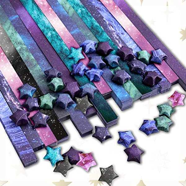 PAPERKIDDO 800 Sheets Origami Stars Paper 8 Different Designs of Beautiful Outer Space Sky for Paper Arts Crafts Kids Luminous Starry Sky Grown-ups School Teachers Folding Origami Star Paper Strips