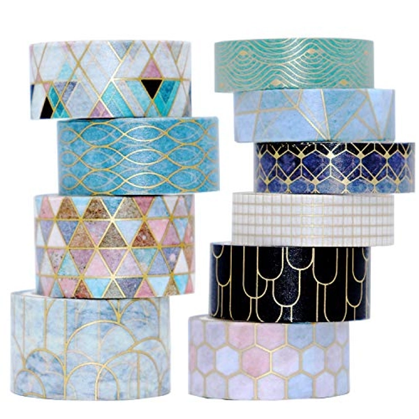 VEYLIN 10Rolls Gold Foil Washi Tape, Golden Stripe Decorative Masking Tape for Notebook and Art Crafts