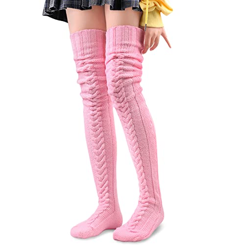 Littleforbig Thigh High Boot Socks Extra Long Over The Knee Cable Knitted Stockings - Large - Pink 41.3 Inches
