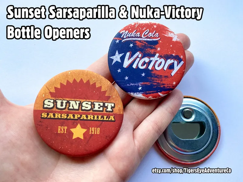 Sunset Sarsaparilla & Nuka-Victory Bottle Openers - Magnetic Button-style Bottle opener inspired by Fallout New Vegas