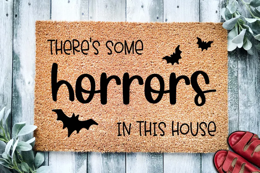 There&#39;s Some Horrors In This House Door Mat | Funny Halloween Doormat | Welcome Mat | Cheeky Halloween Decor | Home Doormat | Halloween