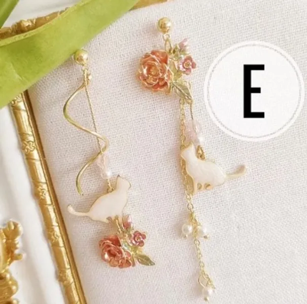 Flower Dangle Earrings, Cat Kitten Earrings, Mermaid Earrings, Rose Foliage Leaf Earrings, Pretty Floral Earrings, Clip On, or Pierced