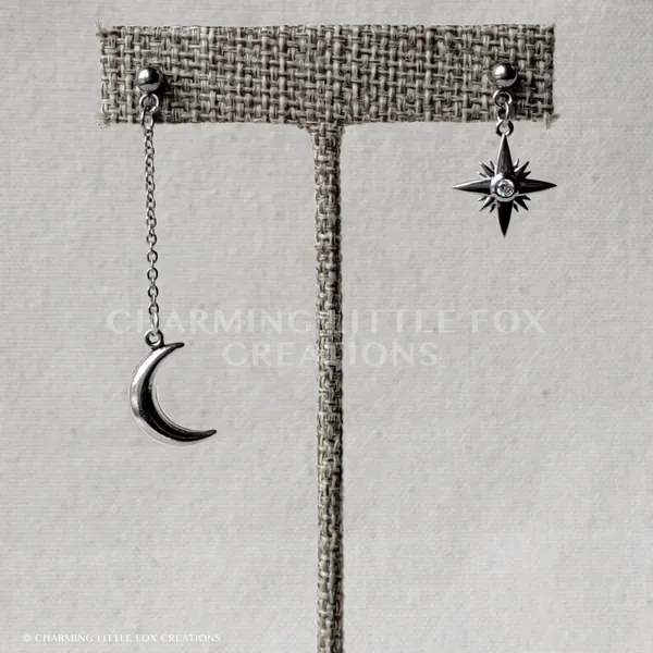 Silver Crescent Moon and Rhinestone Star Asymmetrical Earring Set, Customizable, Hypoallergenic Posts, Clip On Option Available, MOONSTAR