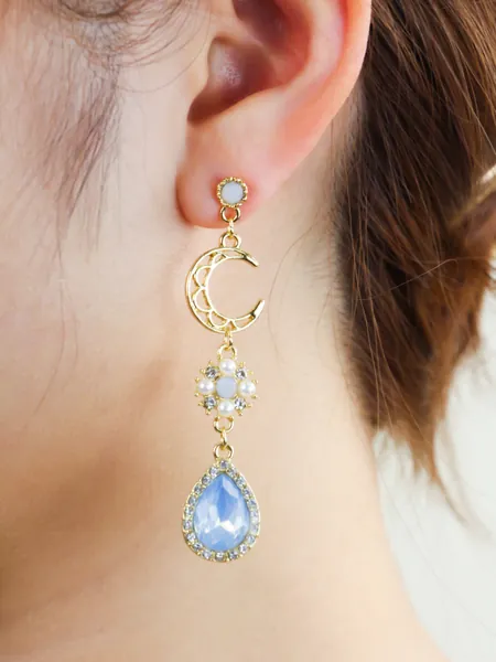 Mismatched Druzy Blue Dangle CZ Teardrop Earrings, 925 Sterling Silver Pin, Clip On Earring, Heart Moon Pearl Earrings, Cute Korean Earrings