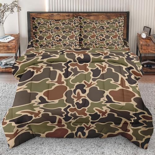 SUMIANYH 5Pcs Comforter Set Twin Size, Duck Hunter Green Camouflage Hunting, Bedroom Decor Black Brown Camo Army Colorful Bedding for Kids and Adults with Bed Flat Fitted Sheet Pillowcases - Twin, 5Pcs - Duck Hunter