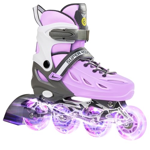 SUPER YOUNGSTER Adjustable Inline Skates for Boys Girls Ages 4-12 with Light Up Wheels, Roller Skates Blades for Youth Kids Indoor & Outdoor Beginners - Purple - Small-Little kid (11j-1 US)
