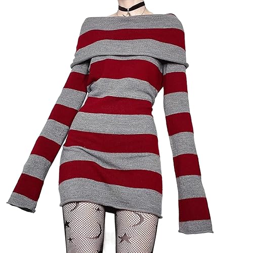 Women's Y2k Striped Print Long Sleeve T-Shirt Vintage Fairy Grunge Slim Fit Cottagecore Aesthetic Tee Goth Streetwear - Medium - B Red