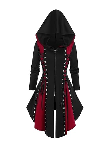 ROSE GAL Rosegal Womens Plus Size Hooded Lace-up Grommets Color Block Gothic Zip Front Asymmetrical Hem Long Sleeve Top - Black_2 - Large Plus