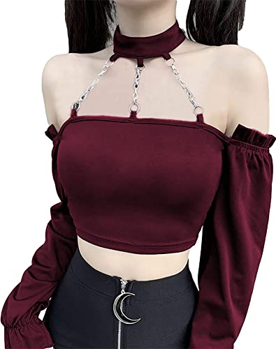 Goth Tank Top Gothic Top Alt Punk Outfits for Women Grunge Gothic Crop Tops Gothic Shirt Goth Clothes Goth Outfits for Women - Small - 14-off Shouder Choker Wine Red