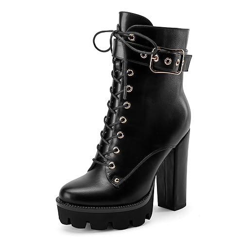 Z.Oufeier Women's Platform Ankle Boots Fashion Chunky Heel Lug Sole Combat Boots Lace Up High Heeled Booties - 15 - Black Pu 1