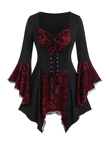 Rosegal Womens Plus Size Gothic Bell Sleeve Skull Lace Handkerchief Tee - Black_15 - Medium Plus