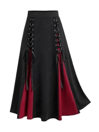 Rosegal Plus Size Gothic Lace Up Two Tone Godet Hem Midi A Line High Waisted Skirt - Black_5 - Medium Plus