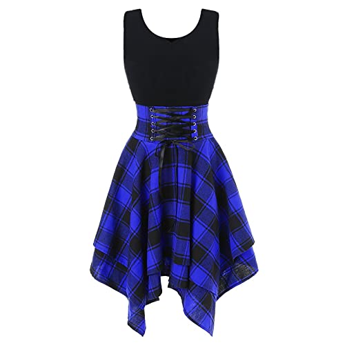 Women Skater Dress Summer 2024 Teen School Girl Cute Plaid Pleated Dress Casual Sleeveless Dress for Dance Party - X-Large - A-blue