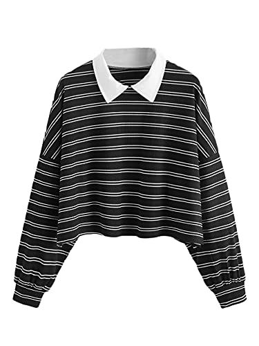 SweatyRocks Women's Casual Long Sleeve Striped Tee Top Collar Neck T-Shirt - Large - White Black