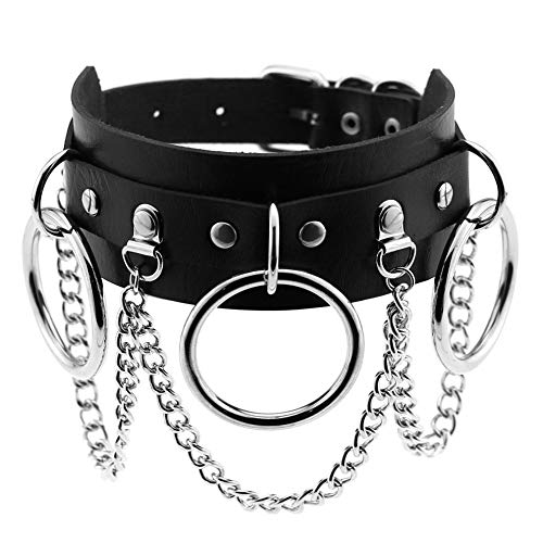 Xjoyous Circle Choker Necklace PU Leather Goth Choker Collar with Black Studded Punk Rock Rivet Collar Adjustable Size - Black/Silver