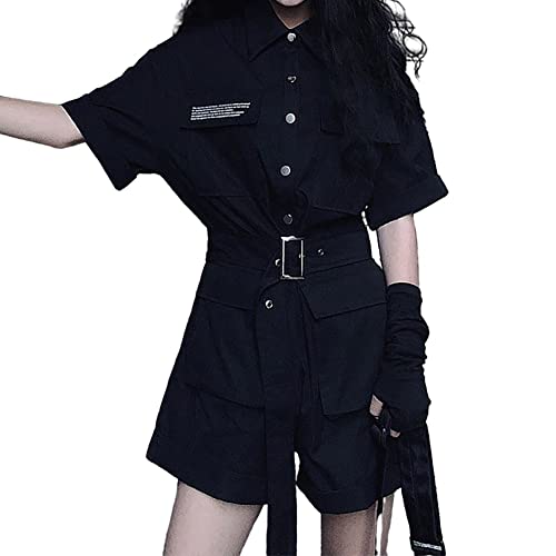 BXCNCKD Harajuku Workwear Jumpsuit Summer Ladies Black Slim High Waist Jumpsuit Short Sleeve Even Gothic Women's Clothes - XX-Large - Black