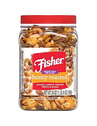 Fisher Snack Honey Roasted Mixed Nuts with Peanuts, 24 Ounces, Peanuts, Cashews, Almonds, Filberts, Pecans - Honey Roasted - 24 oz (Pack of 1)