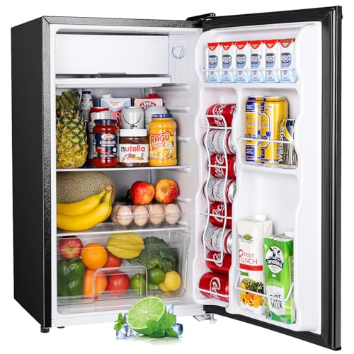 Upstreman 3.2 Cu.Ft Mini Fridge with Freezer, Single Door Mini Fridge, Dorm Fridge, Adjustable Thermostat, Mini Refrigerator for Bedroom, Office, Dorm, Black-BR321 - Glossy Black