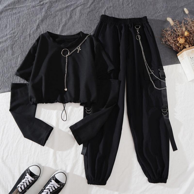 'The Rain' Black Casual Cargo Chain Top and Pants Two Piece Set - Goth, Streetstyle. - Black / XXL