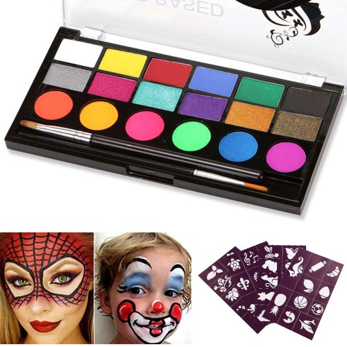 Vegena Kinderschminkset, fijn en zacht, 18 make-upkleuren, 2 professionele penselen, 40 sjablonen, op waterbasis, niet giftig, veilige schmink, ideaal voor kinderfeestjes, carnaval, Halloween, make-up