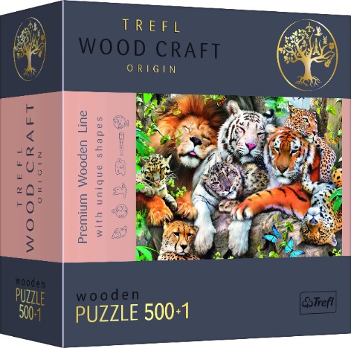 Trefl - Houten Puzzel, Wilde Katten in de Jungle - 500+1 Elementen, Hout Knutselen, Onregelmatige Vormen, 50 Dieren Figuren, Moderne Premium Legpuzzel, Doe-Het-Zelf - Wilde Katten in de Jungle