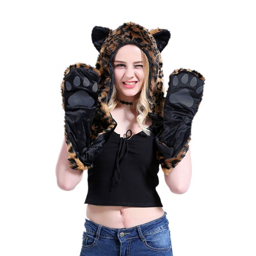 TopTie Faux Fur Hoed Sjaal Volledige Zakken Oor Platte Cap Hoodie Harige Wanten Winter Skiën Party Kostuum - Luipaard