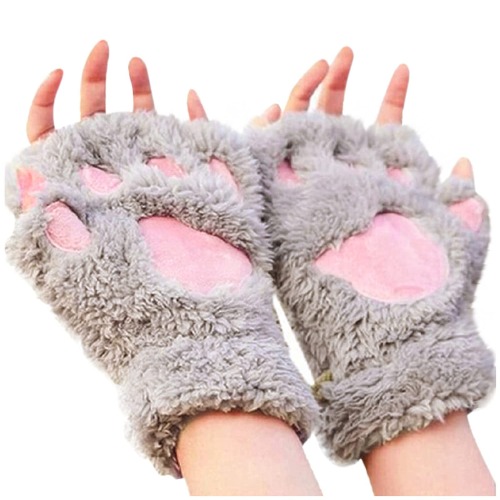 Dikke handschoenen beer handschoenen fleece halve vinger warme dameshandschoenen pluche halter handschoenen vingerloze cartoon schattige handschoenen wanten voor vrouwen koud weer geïsoleerd - Grijs