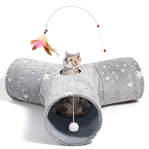 Tempcore Pet Cat Tunnel Tube Cat Toy 3 Way Collapsible, Cat Tunnels for Indoor Cats Self-Luminous Photoluminescence，Kitty Tunnel Bored Cat Pet Toys Peek Hole Toy Ball Cat, Puppy, Kitty, Kitten, Rabbit - 3-Way - 3-Way Grey-Luminous