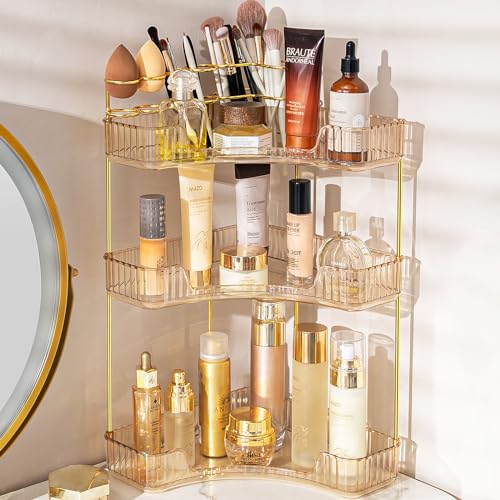 NATURE'S SOURCE Makeup Organizer for Vanity, 3-Tier Corner Bathroom Organizer Countertop with Makeup Brush Holder, Corner Counter Storage for Bathroom Dresser- Amber Gold - Amber Gold - 3-Tier