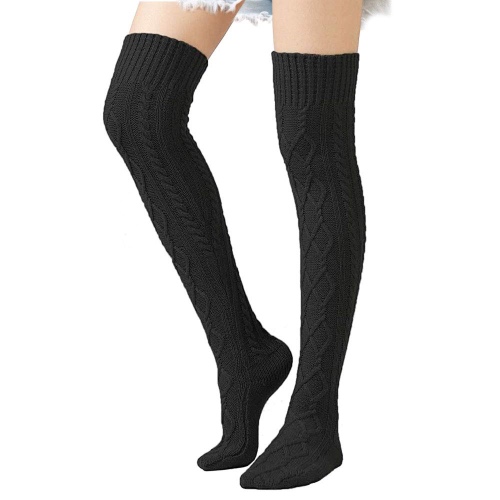 Thigh High Socks for Women Crochet Knitted Knee Stockings Leg Warmers Winter Autumn - Black
