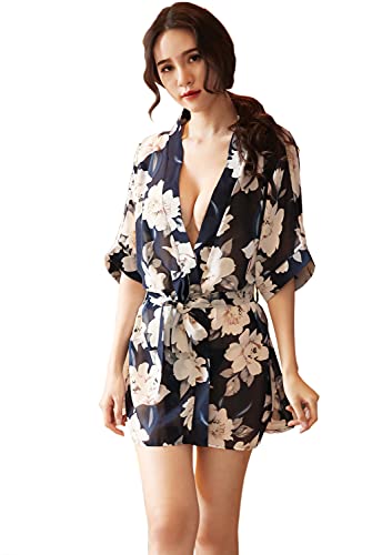Womens Japanese Kimono Costumes Lingerie Sexy Floral Robe Deep V Nightgown Chiffon Bathrobe Transparent Printing - 4