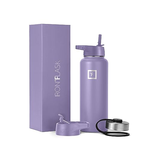 IRON °FLASK Sports Water Bottle - Wide Mouth with 3 Straw Lids - Stainless Steel Gym & Outdoor Bottles for Men, Women & Kids - Double Walled, Insulated Thermos, Metal Canteen - Lavender, 40 Oz - Lavender - 40 Oz