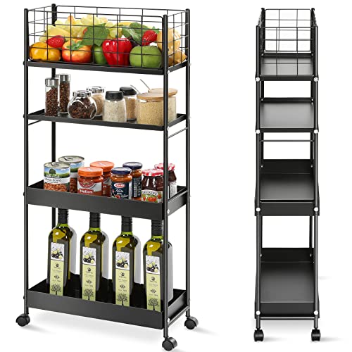 KINGRACK Slim Storage Cart,4-Tier Metal Utility Rolling Cart with Wheels,Slide Out Storage Cart, Skinny Storage Rolling Cart,Storage Trolley Cart for Office Kitchen Bathroom Narrow Place,Black - Black - 4-Tier