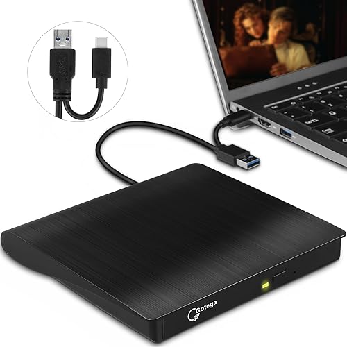 Gotega External DVD Drive USB 3.0 Type C USB C Portable CD/DVD +/-RW Disk Drive External DVD Player for Laptop CD/DVD ROM Burner Reader Compatible with Desktop PC Windows Linux OS Apple Mac - USB 3.0-USB-A & TYPE C (Black) - Black