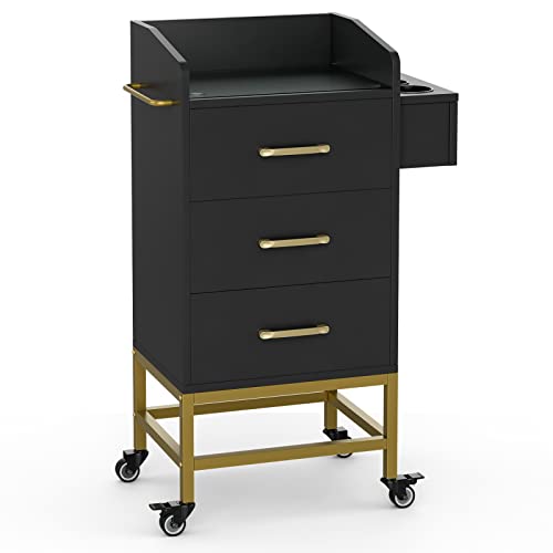 Paddie Beauty Salon Storage Trolley Cart, Glass Top Hair Salon Stations Cabinet for Stylist with Dryer Holder Stylist Equipment with Lockable Rolling Wheel, Drawer Barber Salon Furniture (Black) - Black