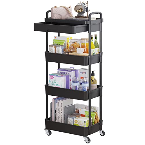 Calmootey 4-Tier Rolling Utility Cart with Drawer,Multifunctional Storage Organizer with Plastic Shelf & Metal Wheel,Storage Cart for Kitchen,Bathroom,Living Room,Office,Black - 4-Tier - Black