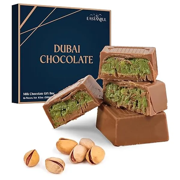 Eastanbul Dubai Chocolate Bar Pistachio, 11.3oz, Premium Pistachio Dubai Chocolate Bar, 16 Pieces Bites with Shredded Phyllo Dough, Knafeh, Viral Candy, Gift Box - Classical Collection