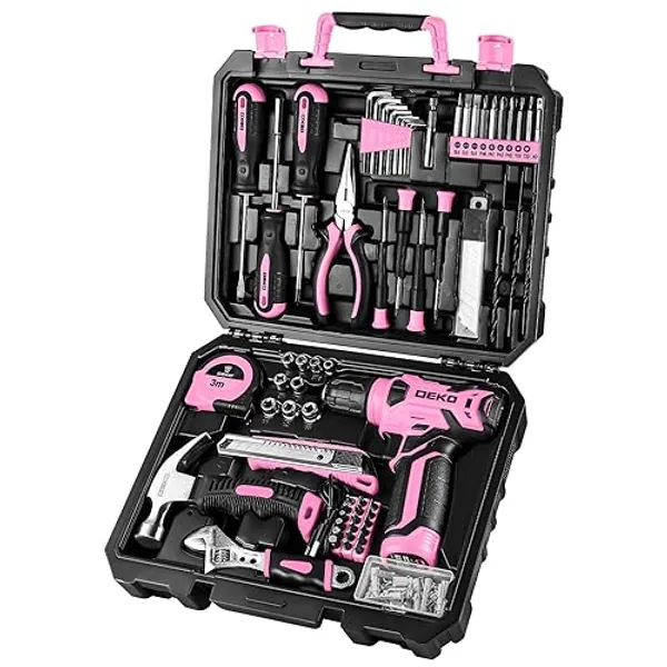 DEKOPRO Drill Set: Tool Set with 8V Pink Cordless Drill, Home Tool Kit with Drill, Hand Tool Kits for Women 126 Piece - Pink