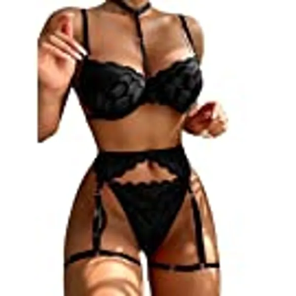 Lilosy Sexy Choker Floral Lace Underwire Push Up Garter Belt Lingerie Set for Women Sheer Bra and Panty 3 Piece