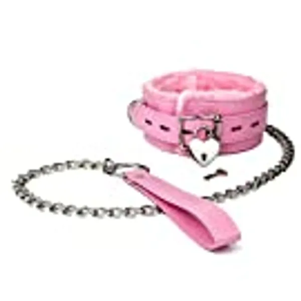Leather Choker Collar with Long Traction Chain Rugged Durable and Collar Necklace Neck Size Adjustable Suitable for Pet Pink (Pink)