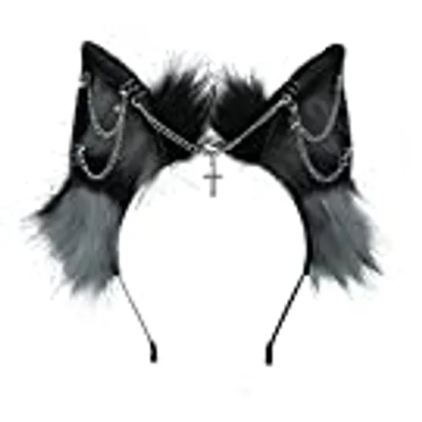 VIGVAN Handmade Wolf Fox Ears Animal Cosplay Cute Head Accessories for Halloween (Chain Grey Black)