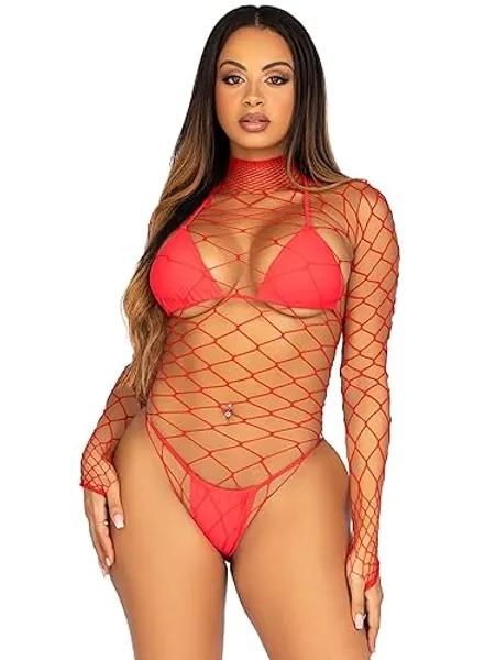Leg Avenue Womens High Neck Fence Net Long Sleeved Bodysuit