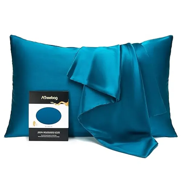 ATreebag 100% Mulberry Silk Pillowcase for Hair and Skin, Double Sided 19 Momme 600 Thread Count Pure Silk Pillow Case with Hidden Zipper and Gift Box (Peacock Blue, 1pc King - 20 Inches x36 Inches )