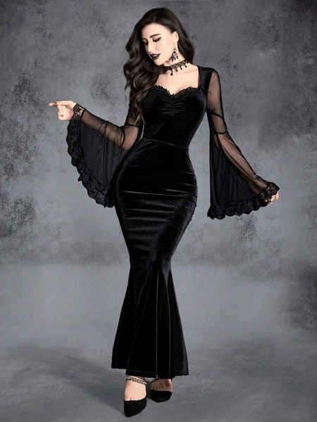 Gothic Contrast Mesh Flounce Sleeve Velvet Mermaid Hem Dress