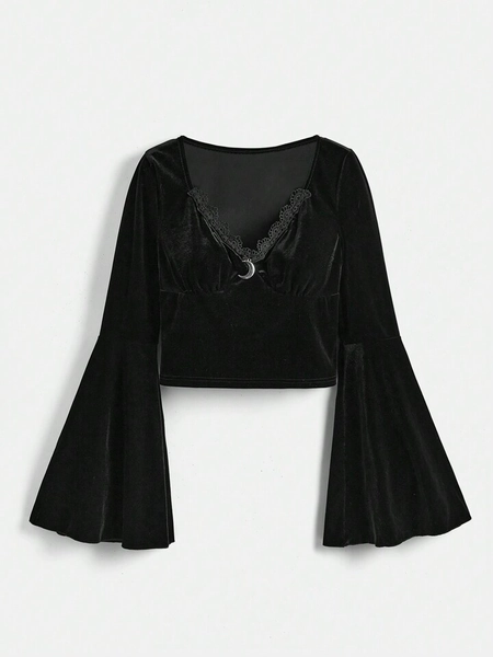 Goth Solid Contrast Lace Tee