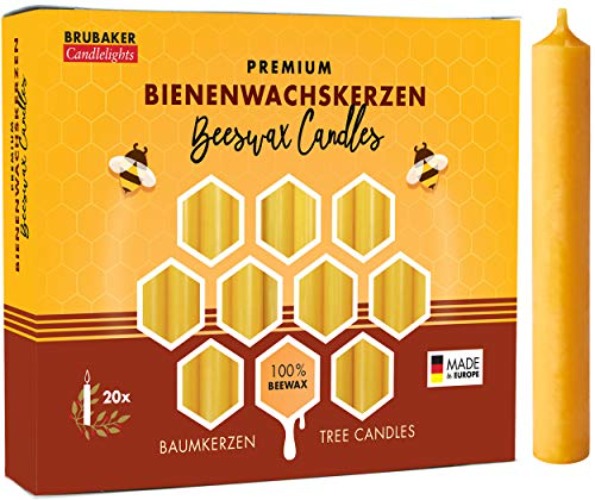 BRUBAKER 100% Beeswax Tree Candles - Pack of 20 - Honey Colored - 3¾ x ½ Inches (9.5 x 1.27cm) - Made in Europe - Pyramids, Carousels & Chimes