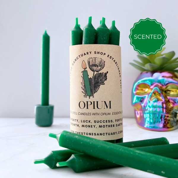 Opium Green Spell Candles, 5&quot; Green Chime Candles, Witch Candles, Ritual Candle, Small Bulk Candles, Green Candles for Spellwork, Luck, Love