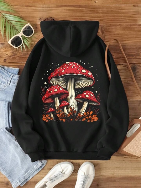 SHEIN LUNE Mushroom Print Drawstring Thermal Hoodie
